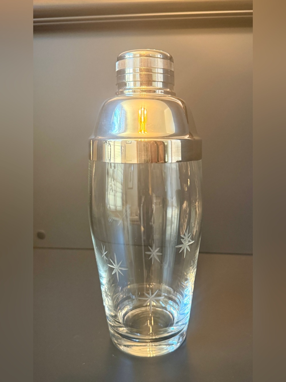 Vintage MCM Atomic Starburst Glass Cocktail Shaker Chrome ToneBarware W/ Tongs - Picture 6 of 10